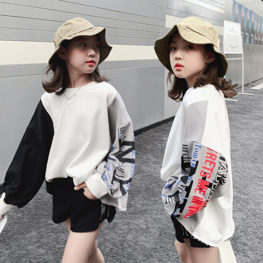 Autumn Girls' Hip-hop Color Matching Printed Sweater - KuzuSHOP