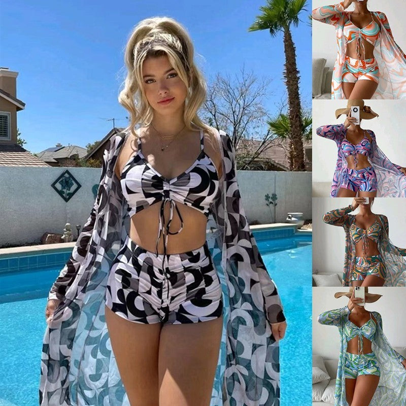 3pcs Pring Bikini With Long Sleeve Cardigan Fashion Summer Beach Swimsuit Women - KuzuSHOP
