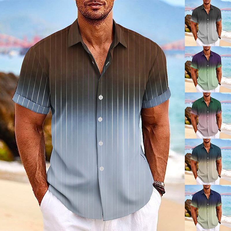 Lapel Button Short-sleeved Shirt Summer Fashion Gradient Striped Print Beach Shirt Leisure Tops Men's Clothing - KuzuSHOP