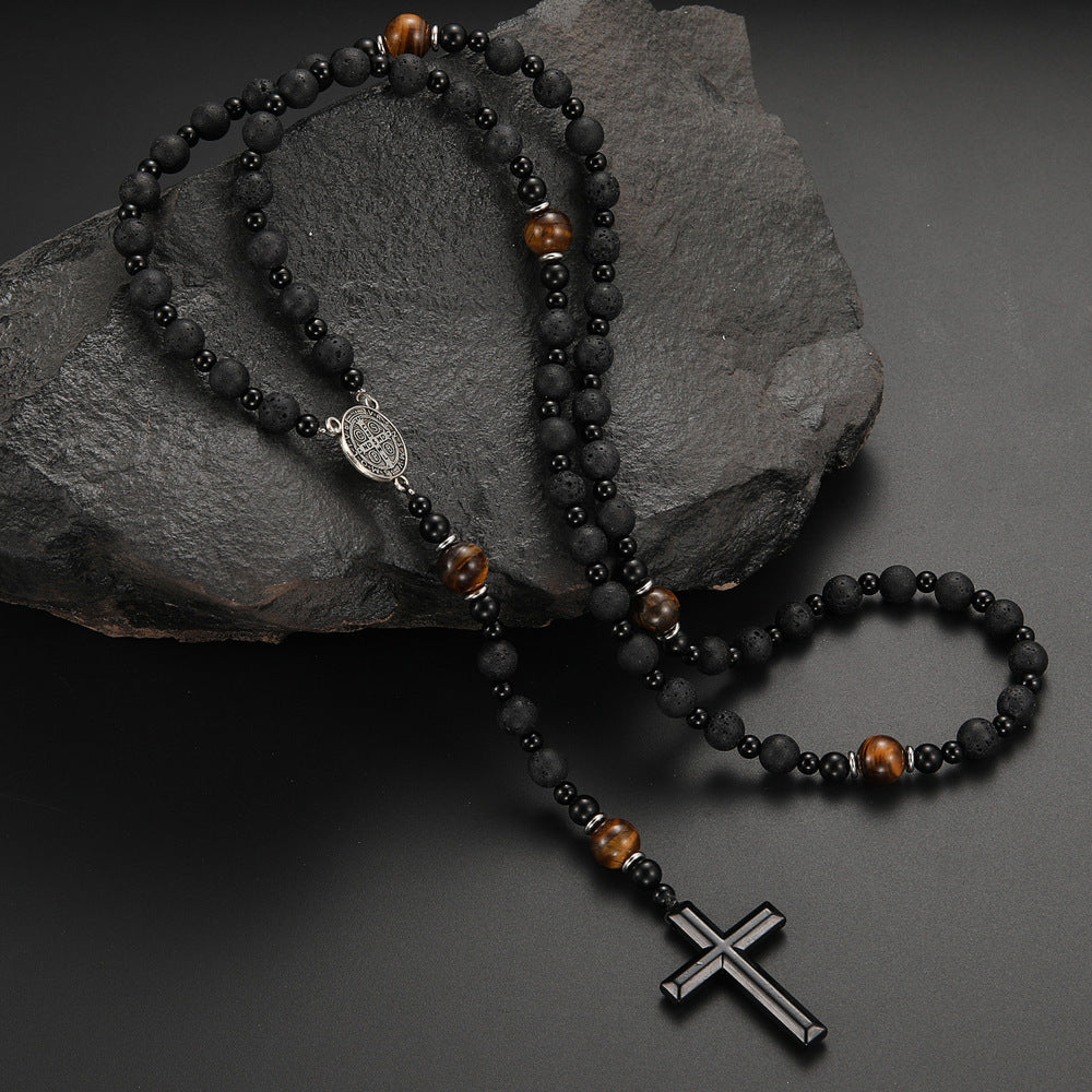 Natural Stone Black Volcanic Rock Yellow Tiger Eyes Iron Stone Cross Necklace - KuzuSHOP