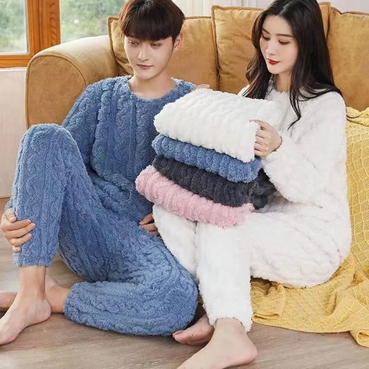 Winter Pajamas Sets Homewear Solid Color Loose Thickened Coral Velvet Pullover Long Sleeves And Trousers Warm Pajamas Indoor Outdoor Casual Clothes - KuzuSHOP