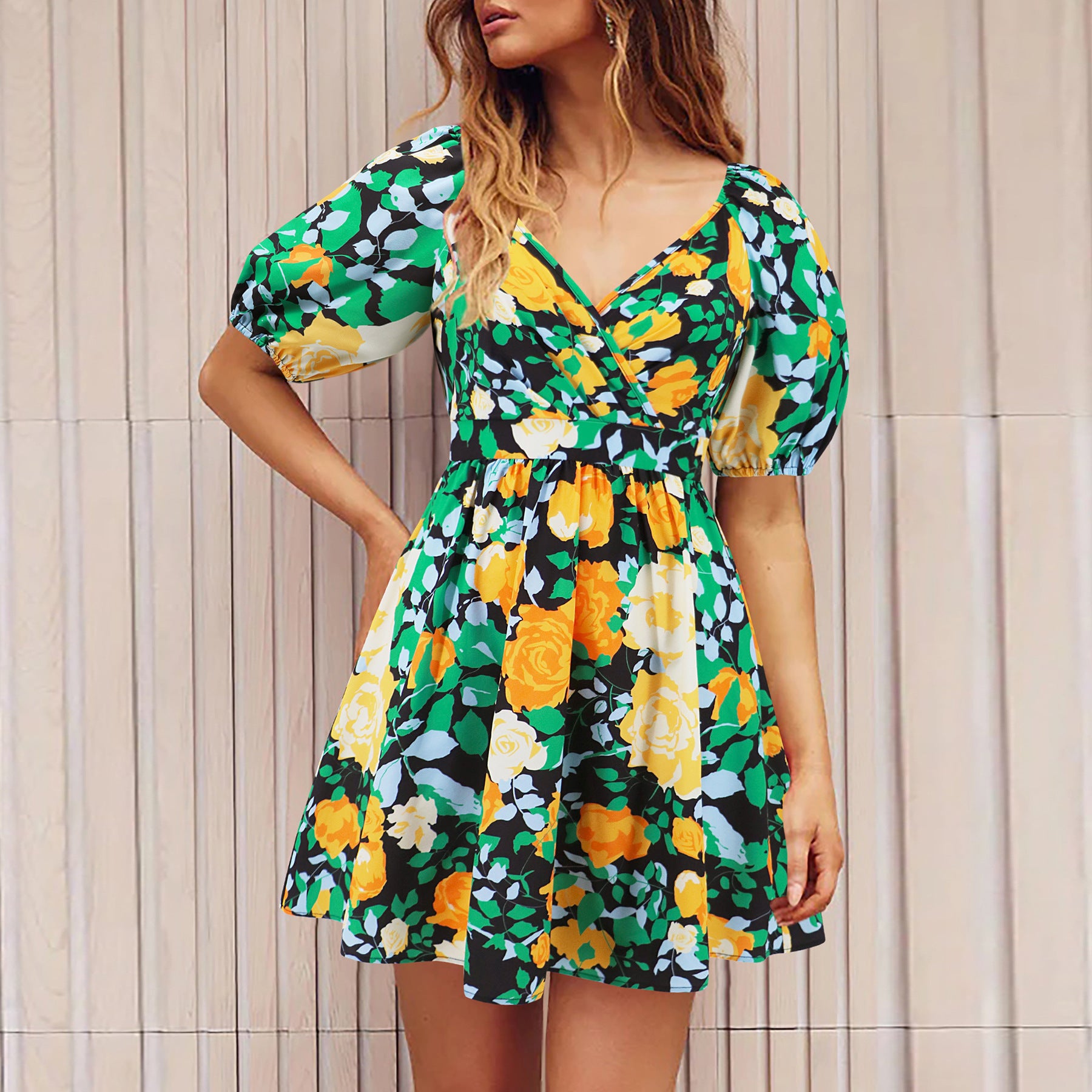 Flowers Print V-Neck Lantern-sleeve Dress Y2K Summer Vacation Beach Short Dresses Fashion Womens Clothing - KuzuSHOP