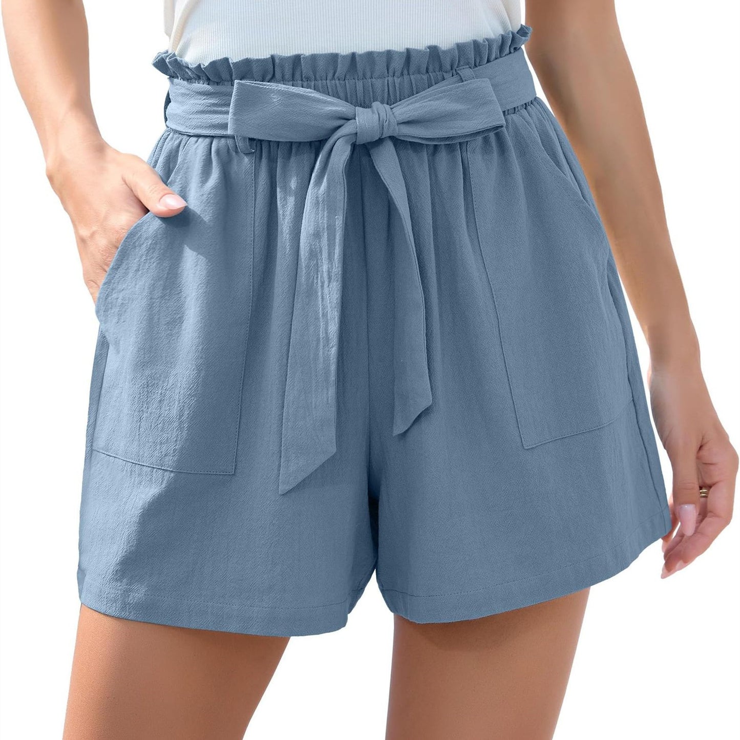 Fashion Ruffle Bow Waist Tie Shorts Summer Beach Pants With Pockets Womens Clothing - KuzuSHOP