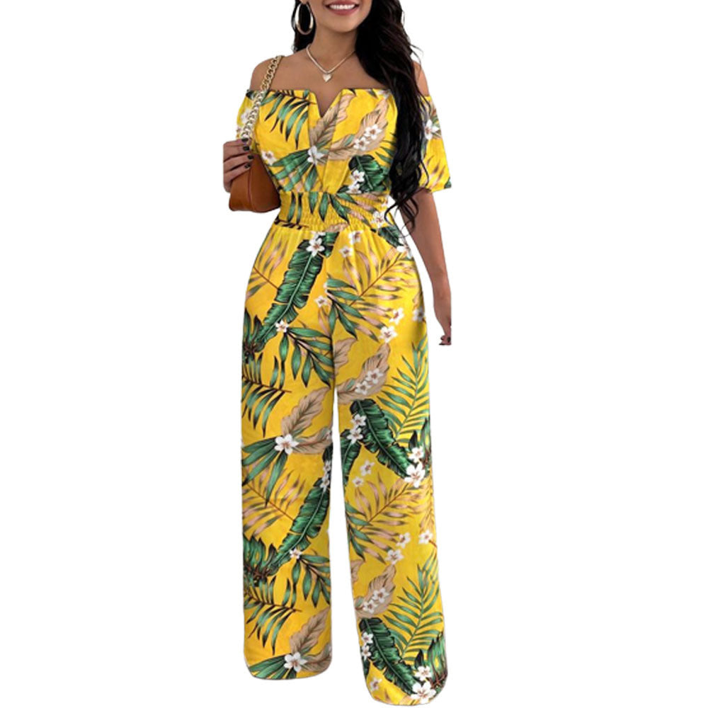 Women's Off-neck Waist Trimming Loose Straight Jumpsuit - KuzuSHOP