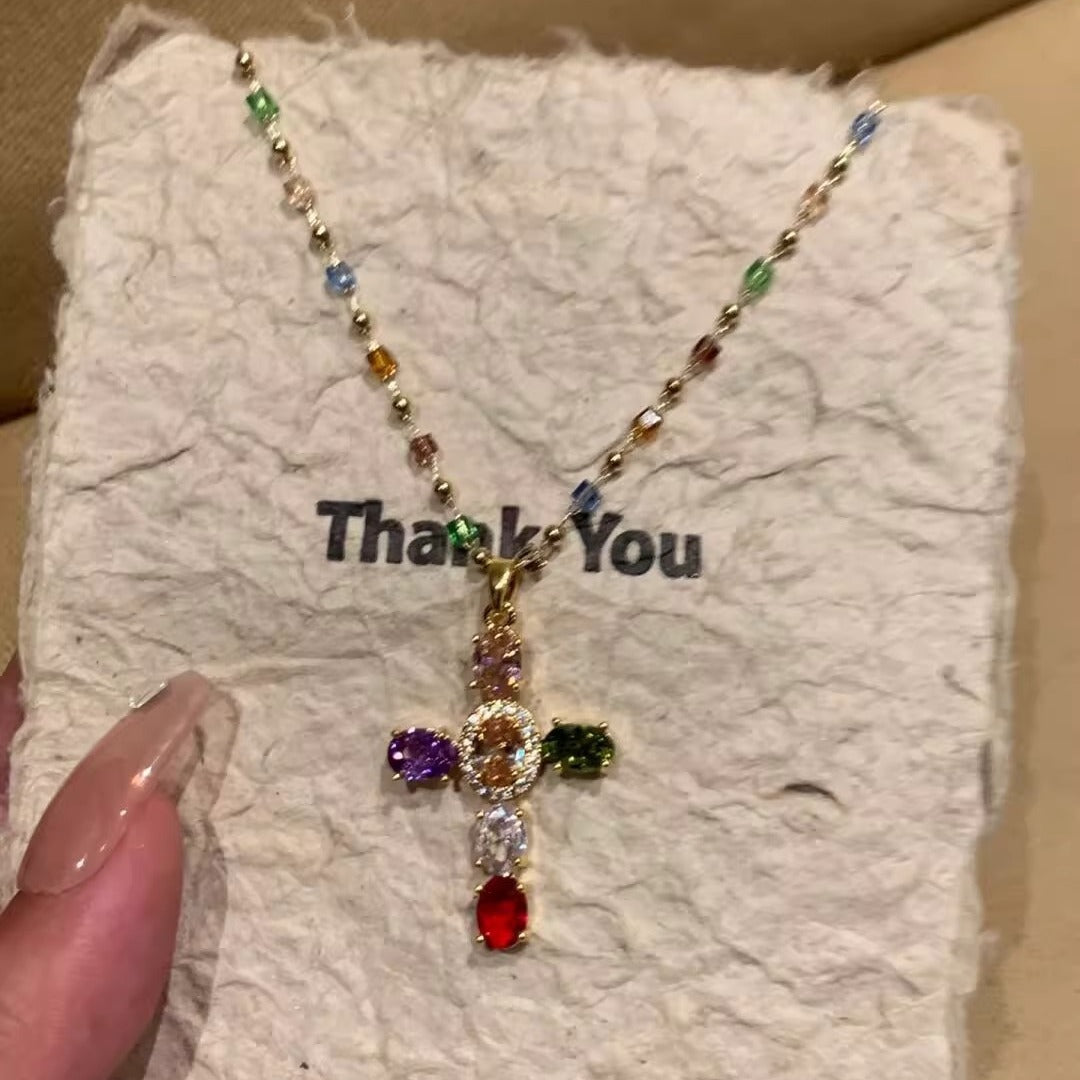 Color Zircon Cross Necklace Clavicle Chain - KuzuSHOP