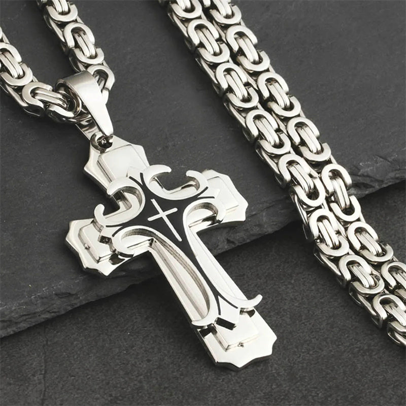 Fashion Jewelry Christian Trinity Latin Cross Necklace For Men Stainless Steel Three Layers Cross Pendants Necklaces Jewelry Gift - KuzuSHOP