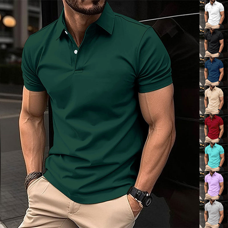 Summer Short Sleeve Polo Shirt Men Solid Color Button Lapel Button Top - KuzuSHOP