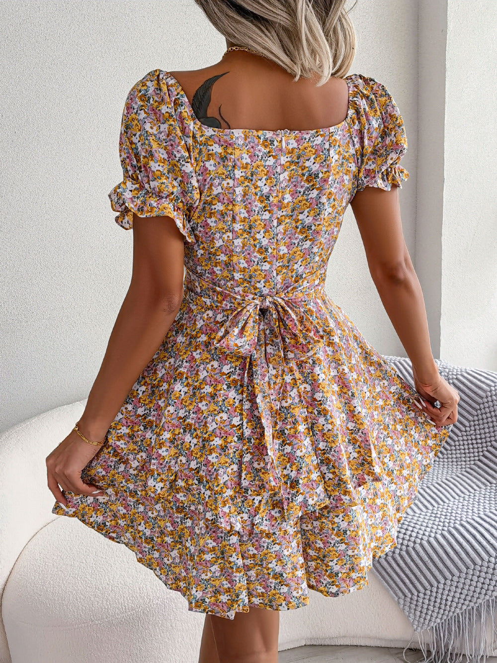 Women Mini Dress Temperament Big Swing Loose Hem Flower Print Shirring Dress Up Short Sleeves High Waist Summer Dress Clothes - KuzuSHOP