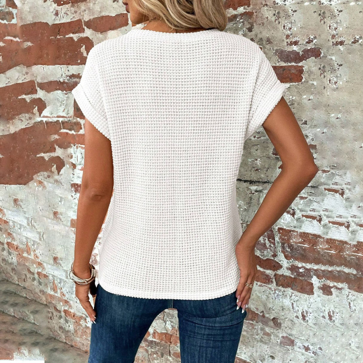 Short-sleeved Waffle T-shirt Summer New Solid Color Crew Neck Top For Womens Clothing - KuzuSHOP
