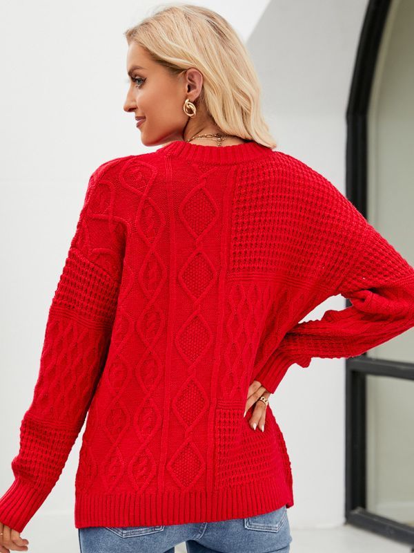 Casual Round-neck Pullover Sweater Fall Winter Solid Color Cable-knot Pattern Tops Women Clothing - KuzuSHOP