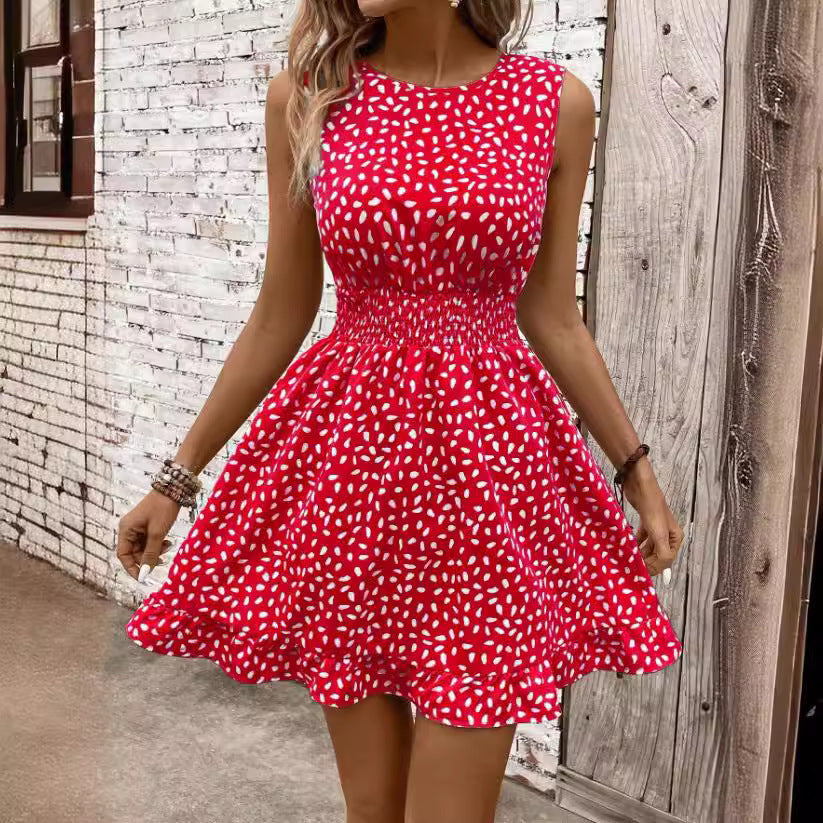 Women's Fashion Round Neck Sleeveless Waist Trimming Printing Dress - KuzuSHOP