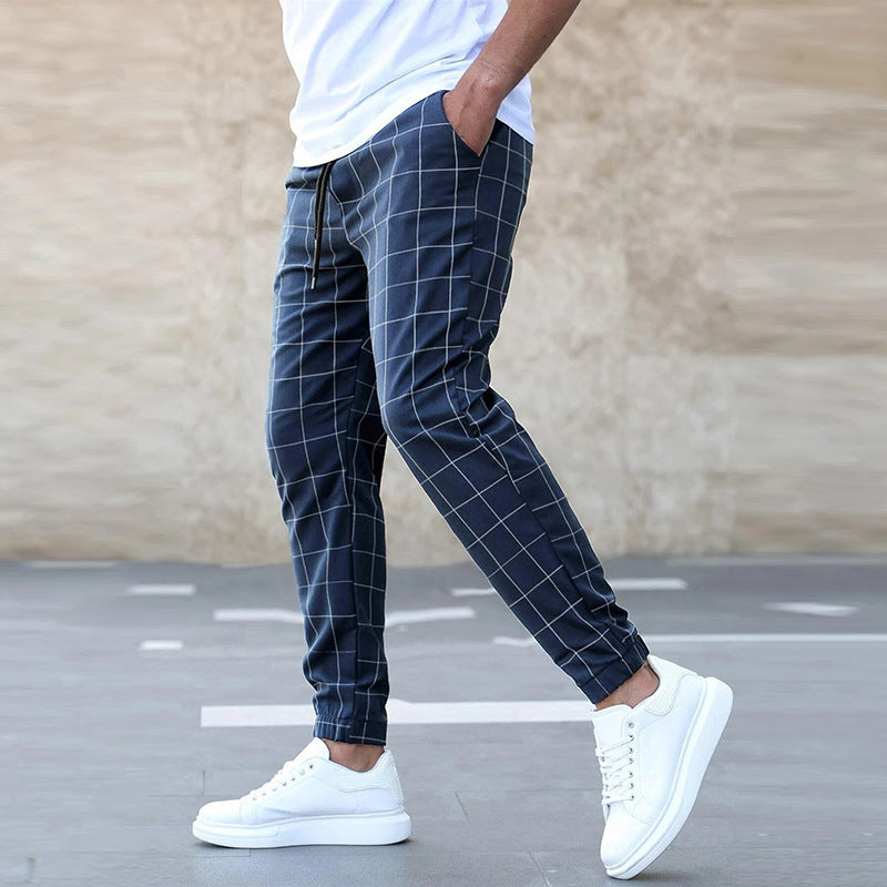 Fashion Plaid Print Pants Casual Drawstring Trousers Men's Clothing - KuzuSHOP