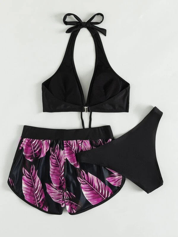 3pcs Leaf Print Bikini With Shorts Fashion Summer Beach Swimsuit Womens Clothing - KuzuSHOP