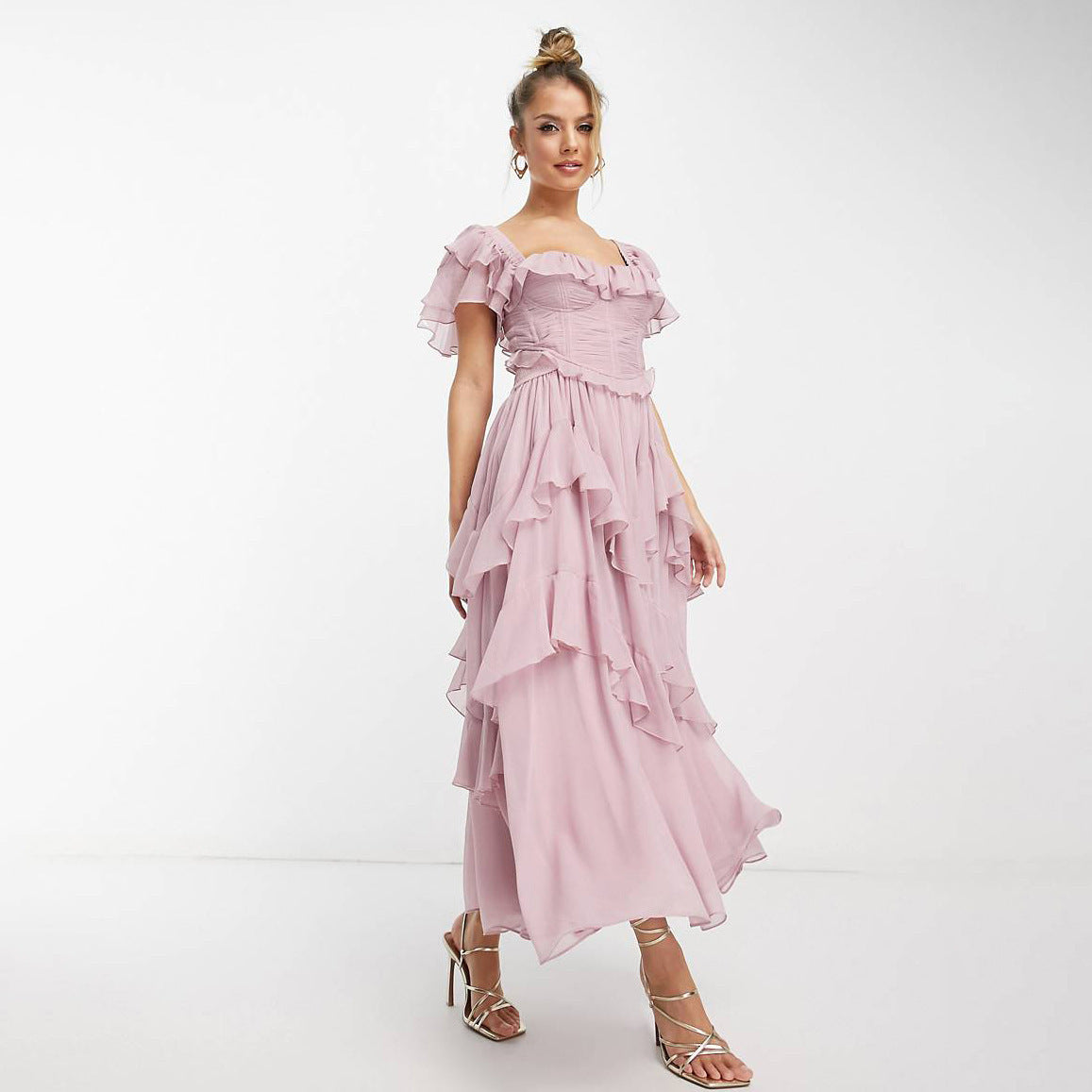 Summer Holiday Ruffled Short-sleeved Dress Fashion Backless Square Neck Long Dresses For Party Womens Clothing - KuzuSHOP