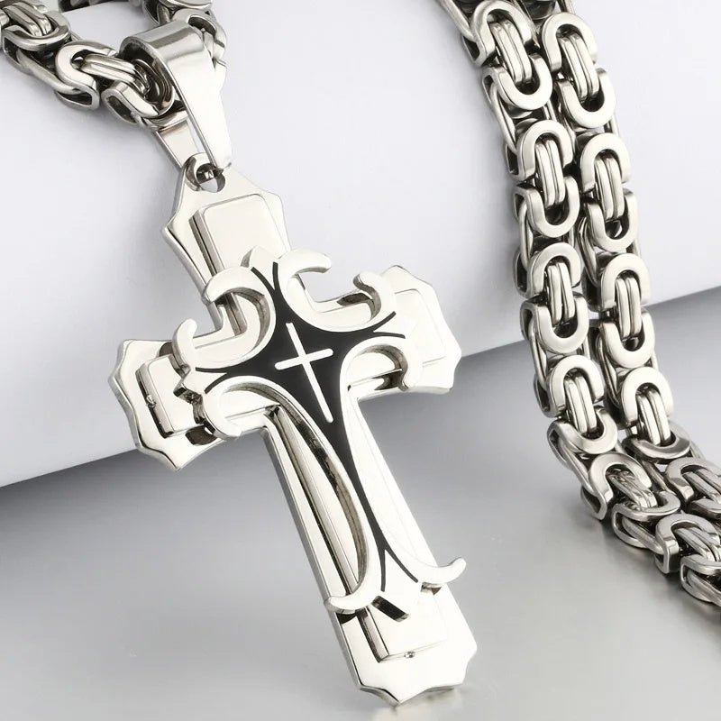 Fashion Jewelry Christian Trinity Latin Cross Necklace For Men Stainless Steel Three Layers Cross Pendants Necklaces Jewelry Gift - KuzuSHOP