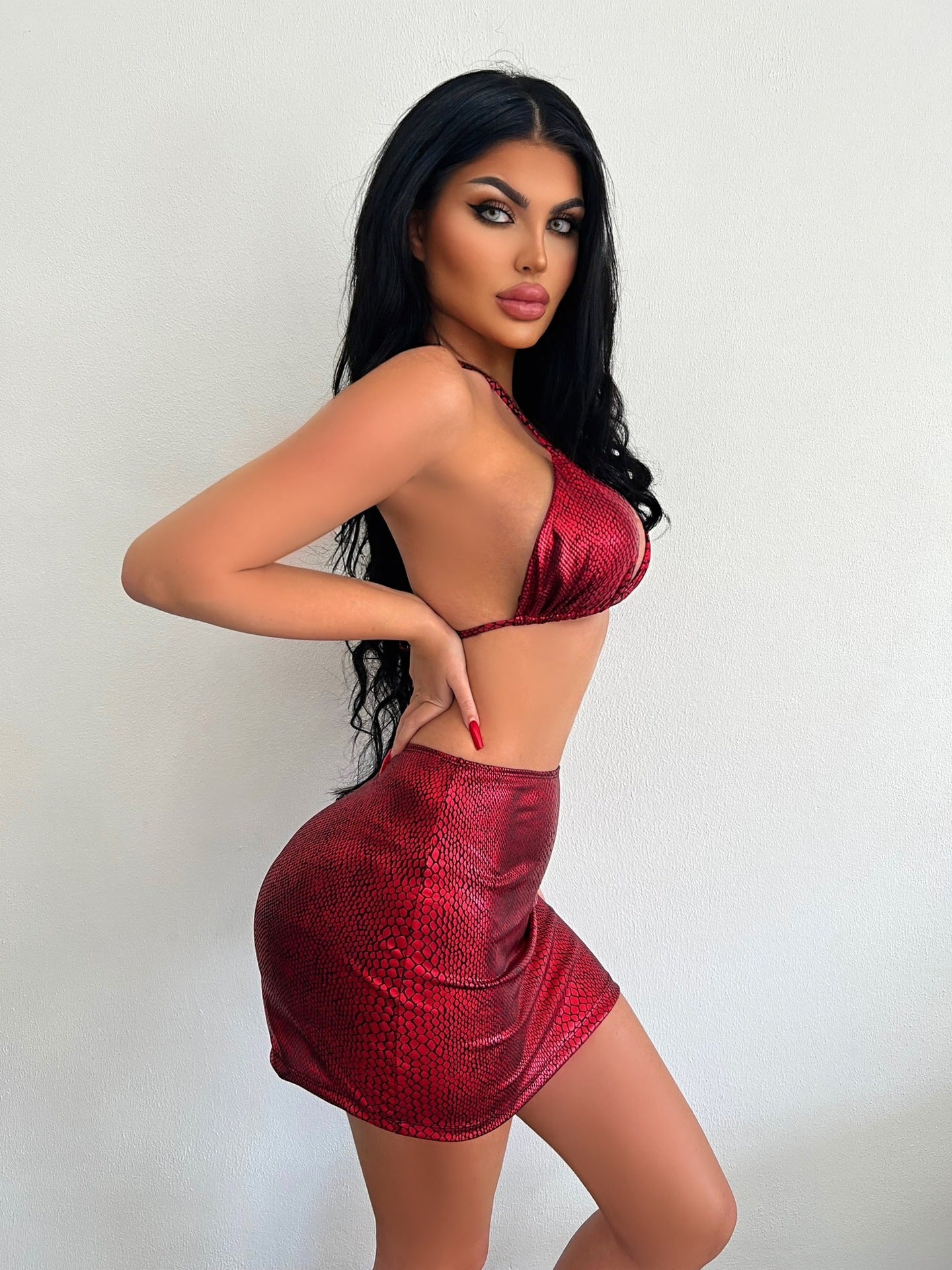Women's 3 Piece Bathing Suits Halter Snake Pattern Bikini Set With Cover Up Skirt Summer Swimsuit - KuzuSHOP