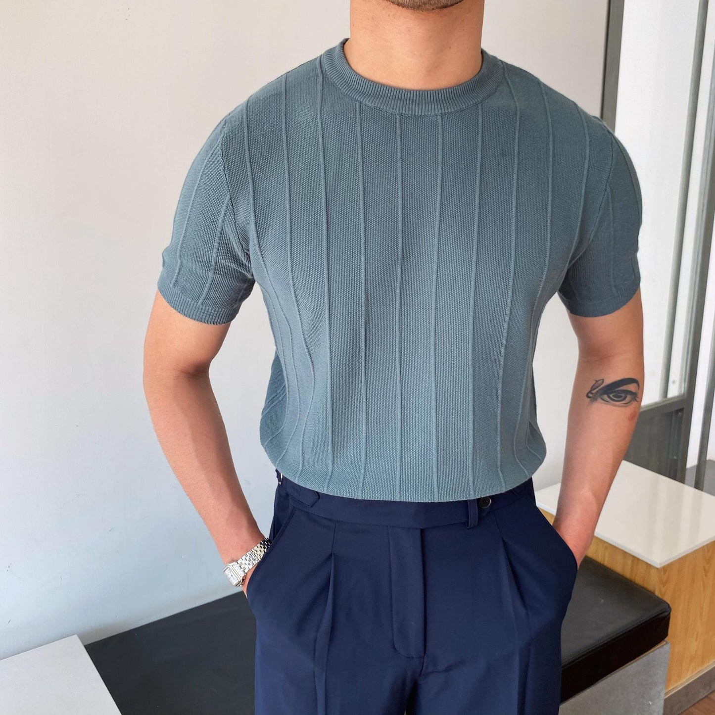 Short Sleeve Knitted T-shirt Summer Men's Light Round Neck Thin Tops - KuzuSHOP
