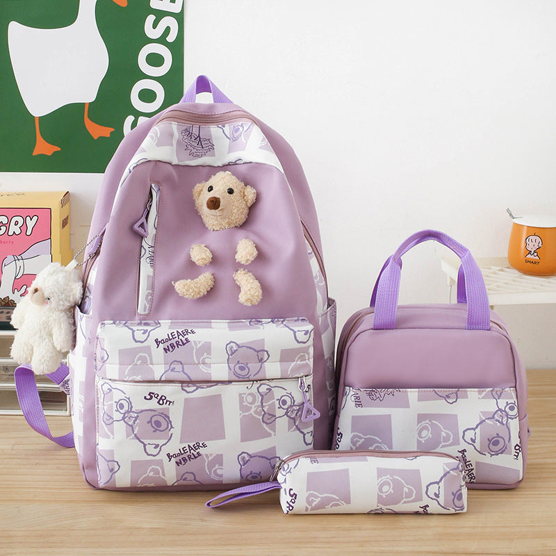 Elementary And Middle School Student Schoolbags Women's Cute Bear Lunch Box Three-piece Set - KuzuSHOP