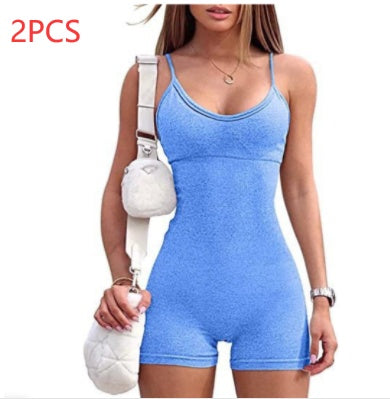 Spaghetti Strap Shorts Jumpsuit Sports Yoga Workout Tight Romper Women Fashion Fitness Sportwear - KuzuSHOP
