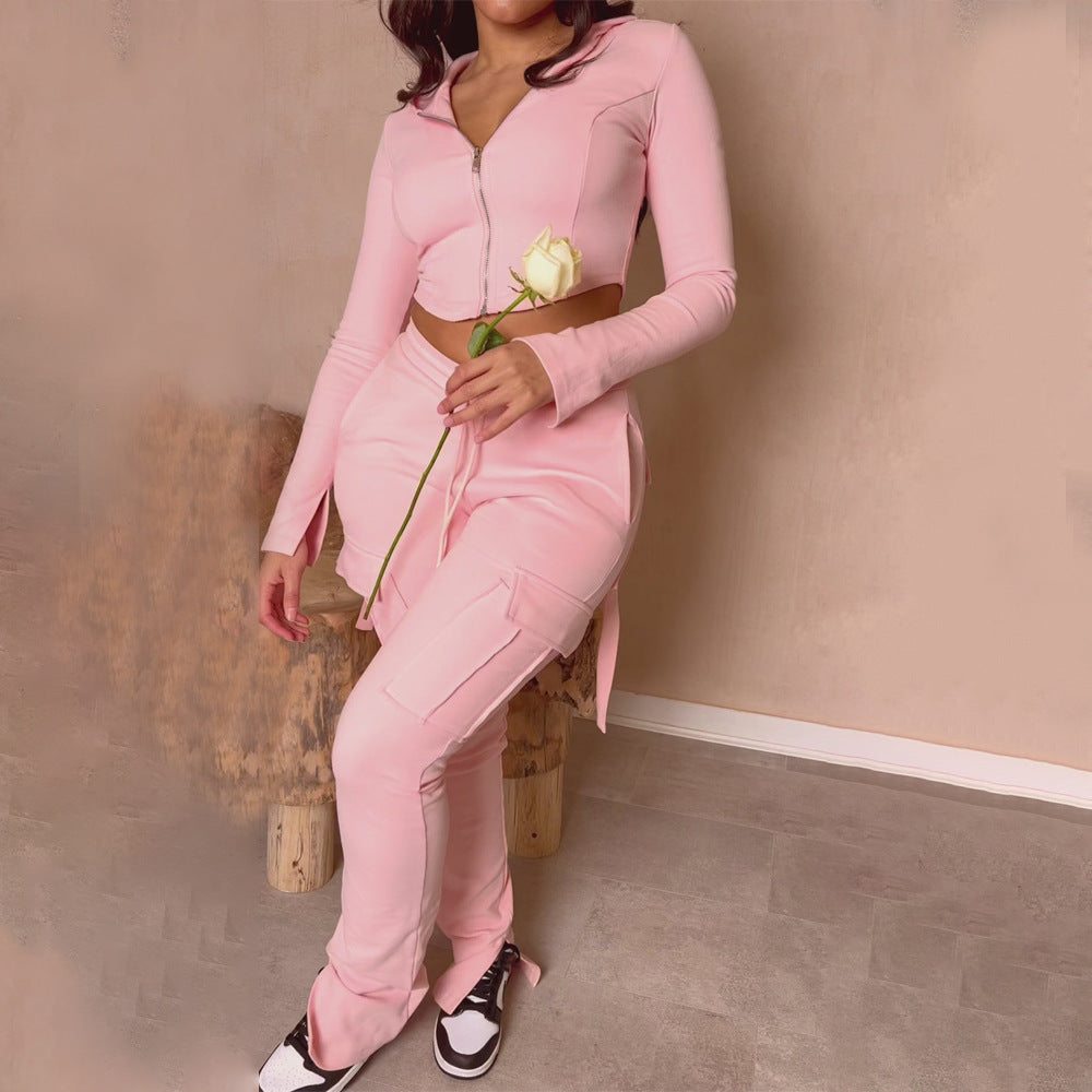 Set For Women, Tops & Cargo Pants With Pockets High Waist Drawstring Wide Leg Straight Trousers. - KuzuSHOP