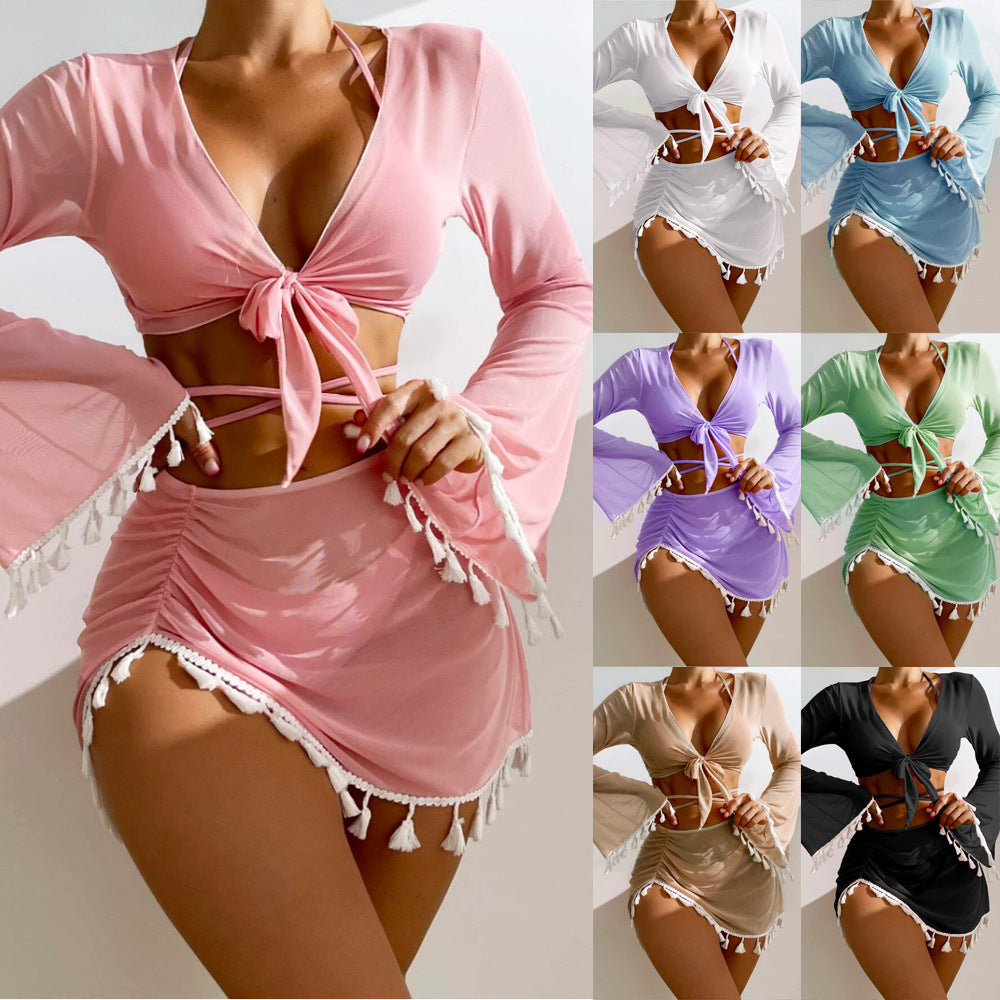 Solid Color Bikini With Short Skirt And Long Sleeve Cover-up Fashion Bow Tie Fringed Swimsuit Set Summer Beach Womens Clothing - KuzuSHOP