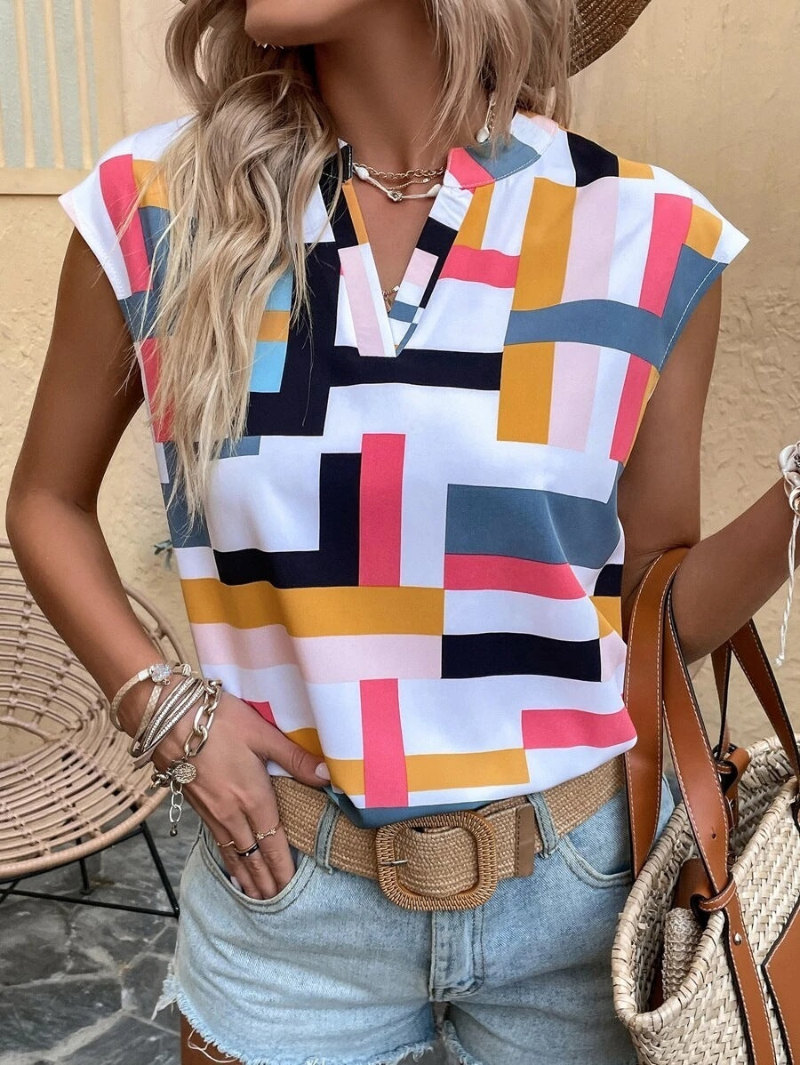 Women's Digital Print Doll Sleeve V-Neck Top - KuzuSHOP