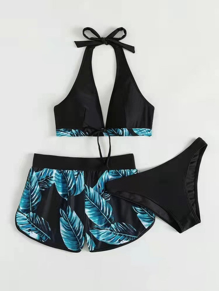 3pcs Leaf Print Bikini With Shorts Fashion Summer Beach Swimsuit Womens Clothing - KuzuSHOP