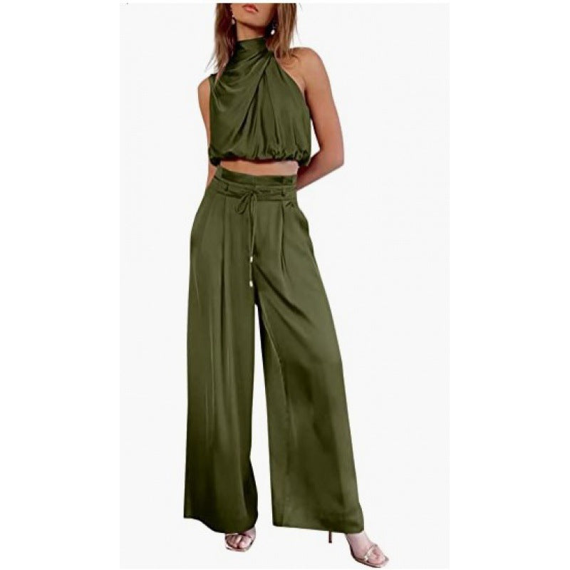 Summer Suits Casual Sleeveless Midriff-baring Top And Wide Leg Pants 2pcs Set Womens Clothing - KuzuSHOP