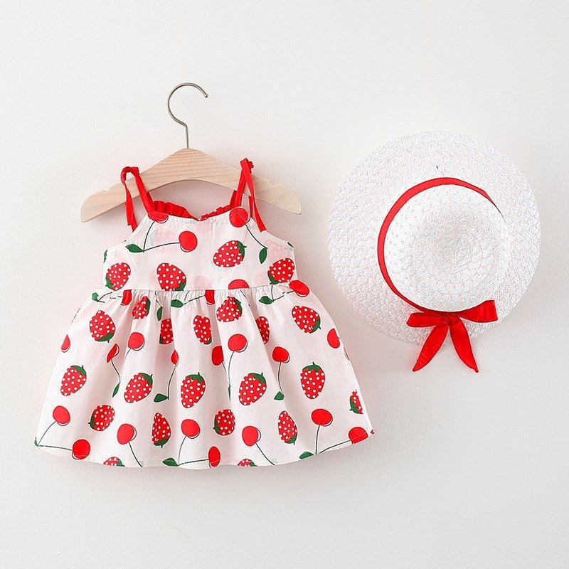 Printed Shoulder Collar Suspender Dress Western Style Sleeveless Princess Dress With Straw Hat