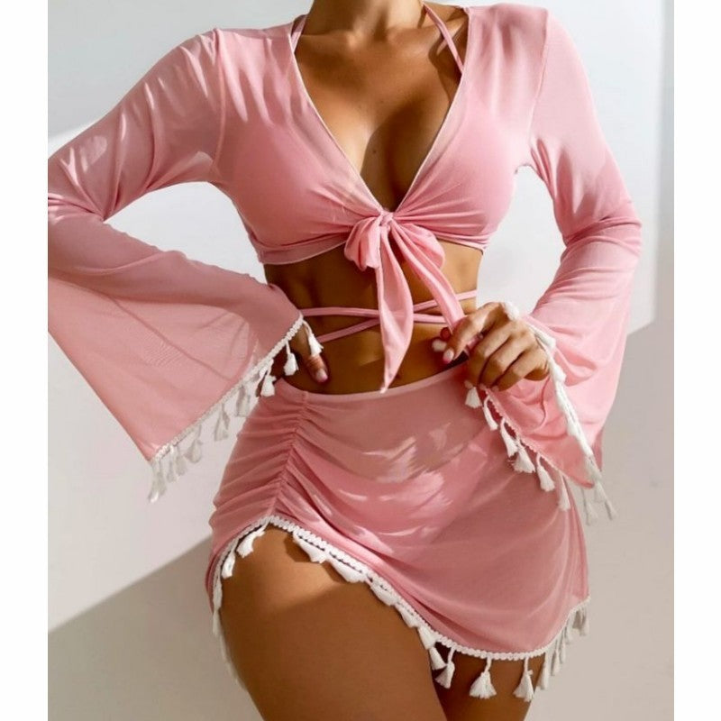 Solid Color Bikini With Short Skirt And Long Sleeve Cover-up Fashion Bow Tie Fringed Swimsuit Set Summer Beach Womens Clothing - KuzuSHOP
