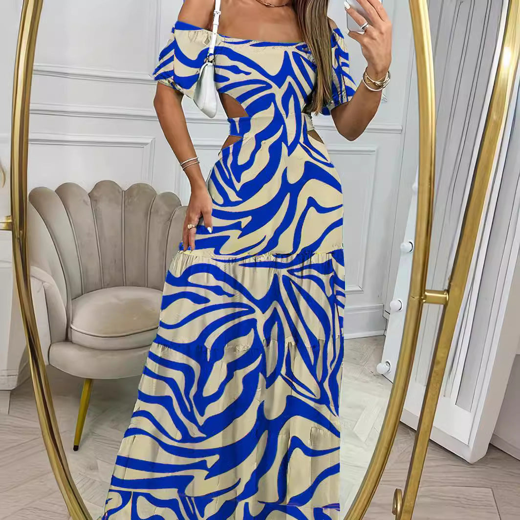 Printed One-line Collar Short-sleeved Long Dress With Hollow Waist Design Summer Vacation Dresses For Women Clothing - KuzuSHOP
