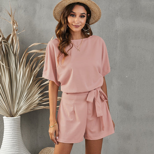 Women's Round Neck Short-sleeved Lace-up Jumpsuit - KuzuSHOP