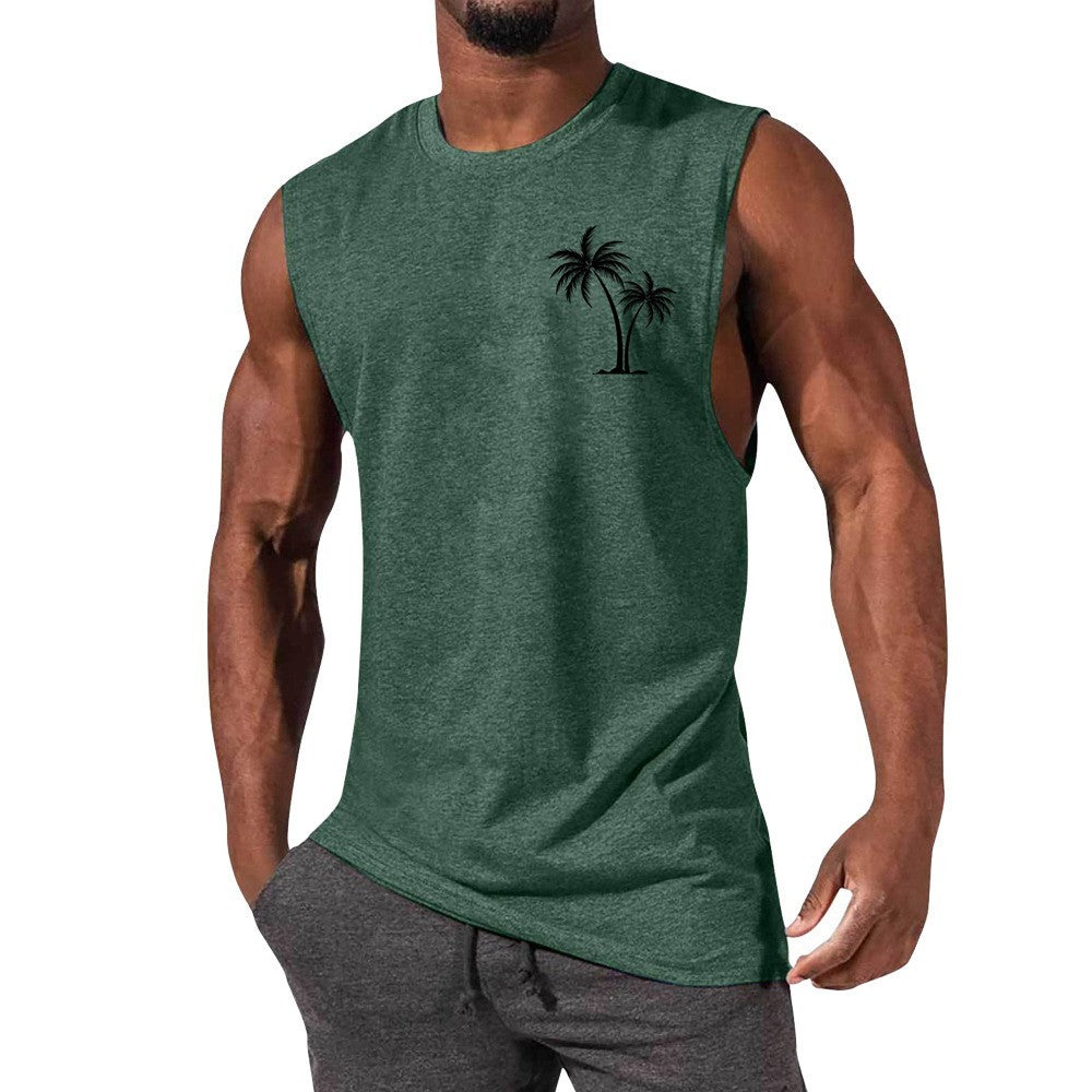 Coconut Tree Embroidery Vest Summer Beach Tank Tops Workout Muscle Men Sports Fitness T-shirt - KuzuSHOP