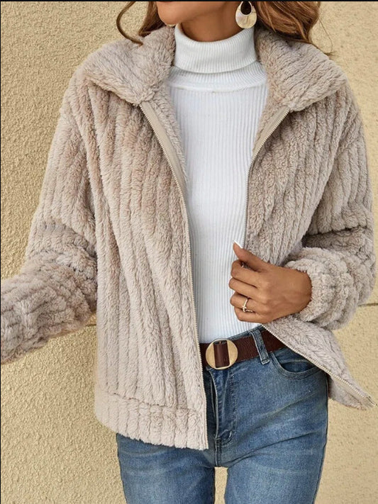 Autumn And Winter New Style Pit Striped Plush Cardigan Lapel Short Jacket - KuzuSHOP