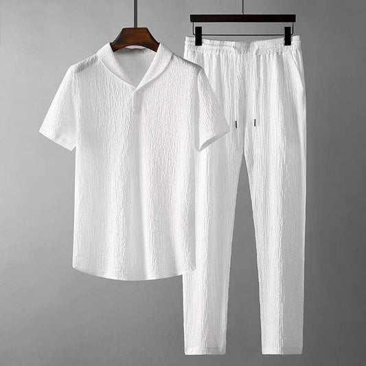 Leisure Suit Summer Loose Short Sleeve Top And Drawstring Trousers Fashion Mens Clothing - KuzuSHOP