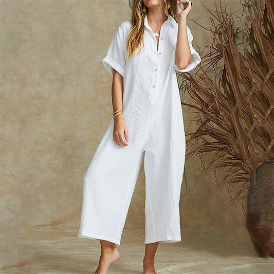 Casual Loose Long Jumpsuit Short Sleeve Rompers - KuzuSHOP