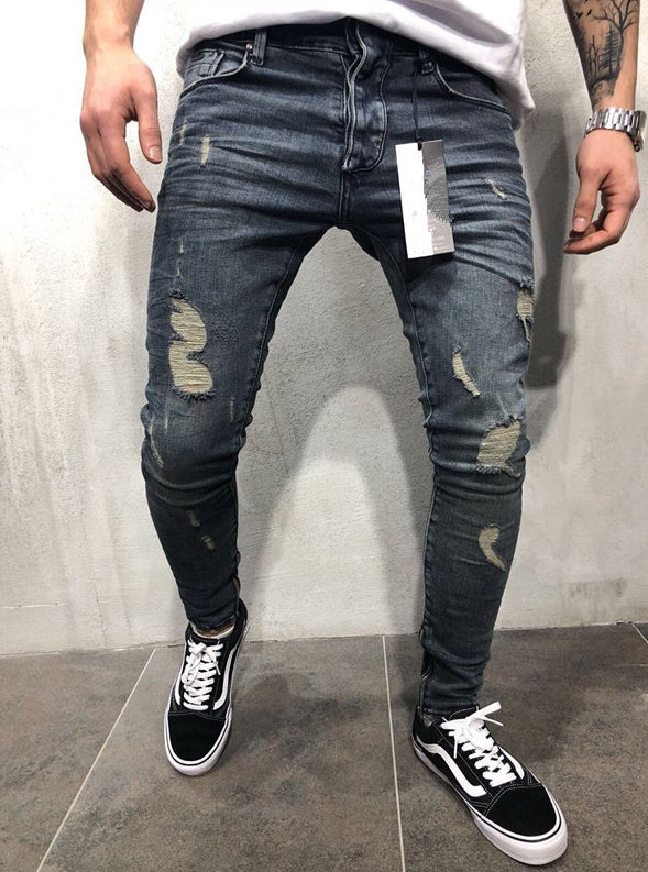 Customized models Europe and the United States high street tide men's hole jeans stretch large size pants slim pants Biker jeans - KuzuSHOP