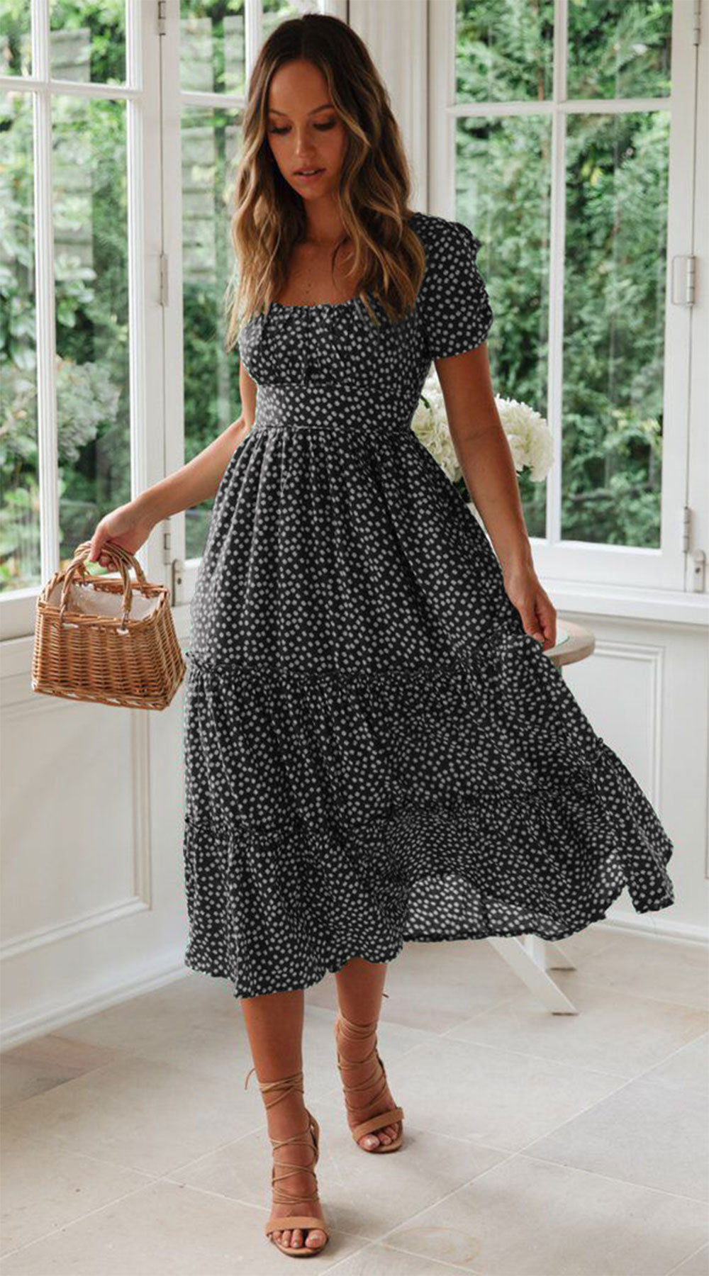 Square Collar Short Sleeve Dress Summer Puff Floral Printed Dress Long Dresses - KuzuSHOP
