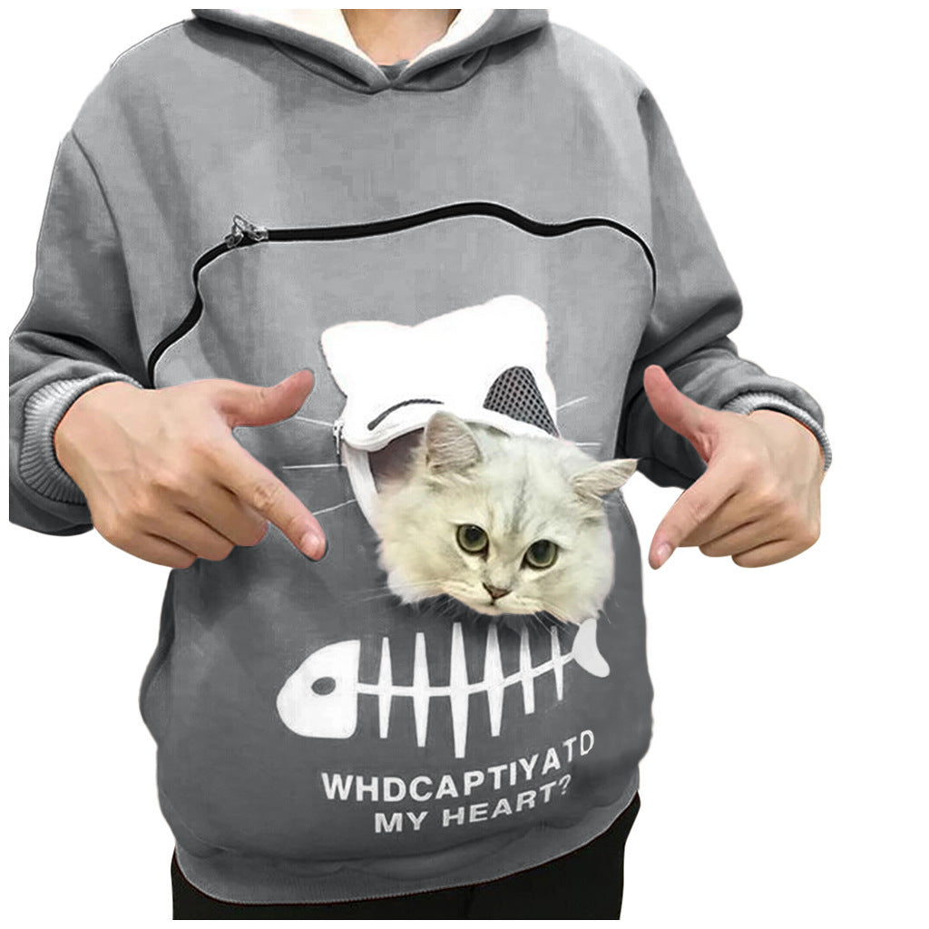 Women Hoodie Sweatshirt With Cat Pet Pocket Design Long Sleeve Sweater Cat Outfit - KuzuSHOP