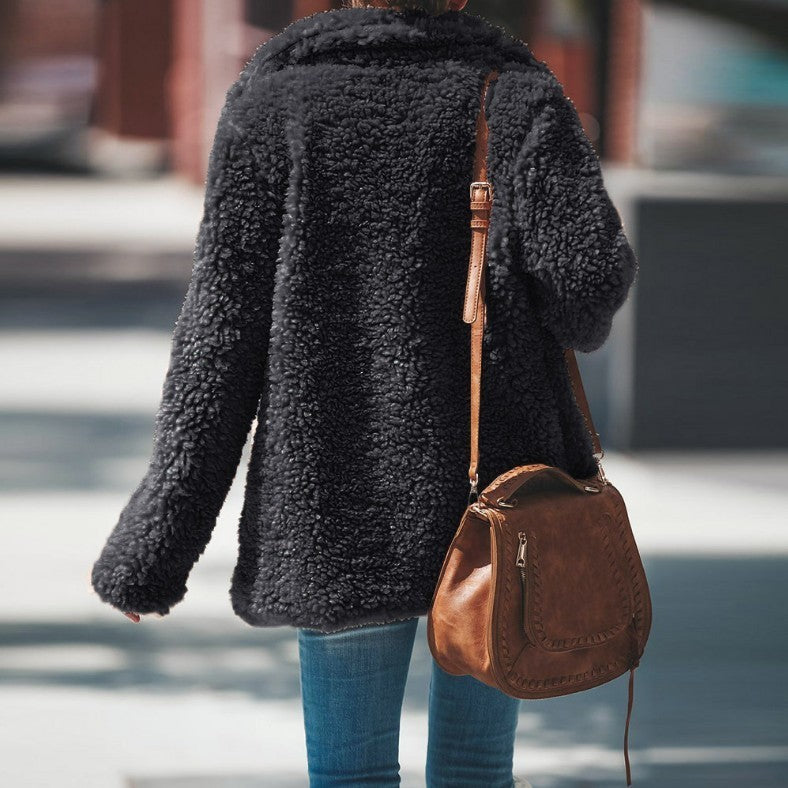 Lapel Long Sleeve Fluffy Furry Faux Fur Jackets Woman Overcoat - KuzuSHOP