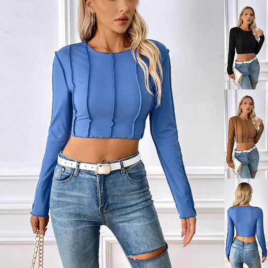 New Slim Long Sleeve T-shirt With Exposed Stitching Design Y2K Fashion Sexy Navel-exposed Short Top Womens Clothing - KuzuSHOP