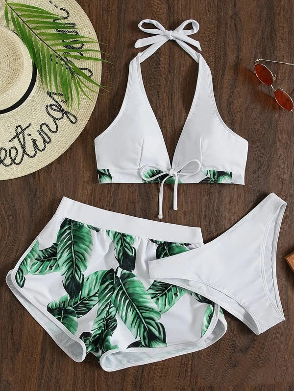 3pcs Leaf Print Bikini With Shorts Fashion Summer Beach Swimsuit Womens Clothing - KuzuSHOP