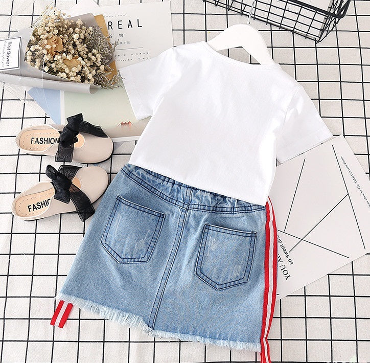 Kids Clothes White T-shirt Denim Skirt 2pcs Girls Suits - KuzuSHOP