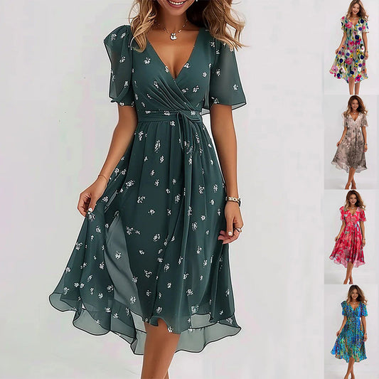 Chiffon Printed Short Sleeve Dress Summer Elegant V-neck Dresses Womens Clothing - KuzuSHOP