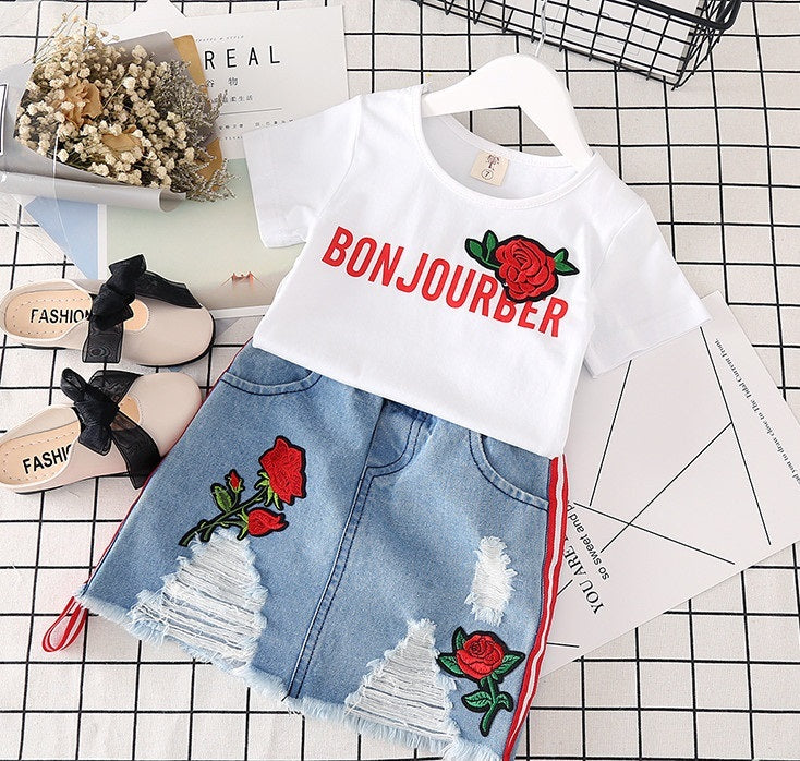 Kids Clothes White T-shirt Denim Skirt 2pcs Girls Suits - KuzuSHOP