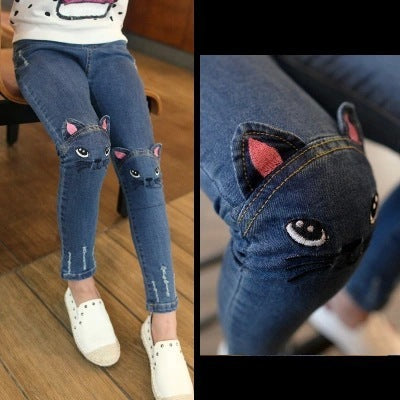 Girls' Children's Clothing Children's Cartoon Cat Embroidery Spring And Autumn Jeans Pencil Pants - KuzuSHOP