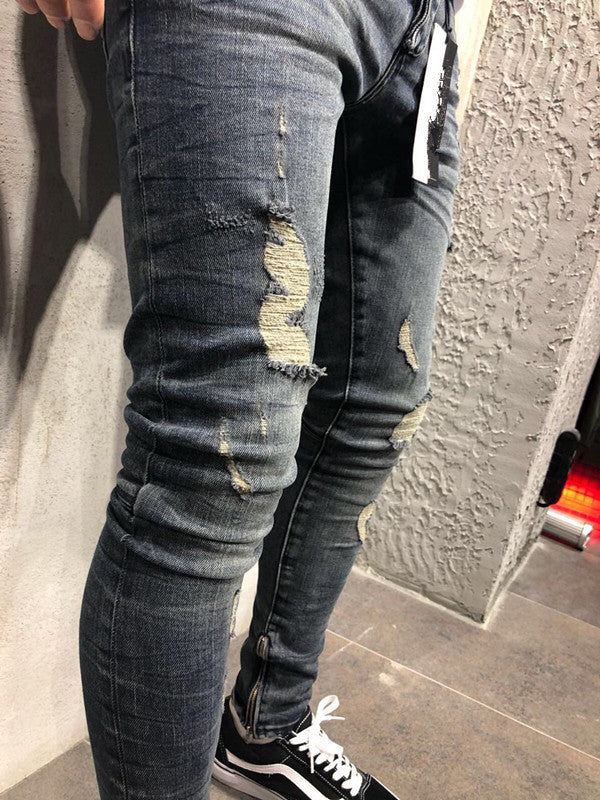 Customized models Europe and the United States high street tide men's hole jeans stretch large size pants slim pants Biker jeans - KuzuSHOP