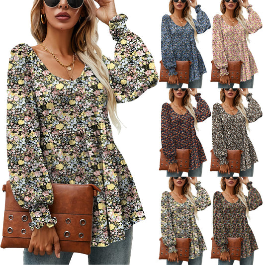 Long Puff Sleeve Tops Women Flowers Print Casual V-Neck Blouse T-Shirts Babydoll Tops - KuzuSHOP