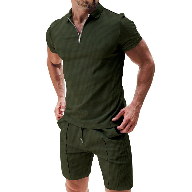 2Pcs Casual Waffle Suit Summer Zipper Lapel Short-sleeved Top And Drawstring Pockets Shorts Versatile Solid Color T-shirt Set For Mens Clothing - KuzuSHOP