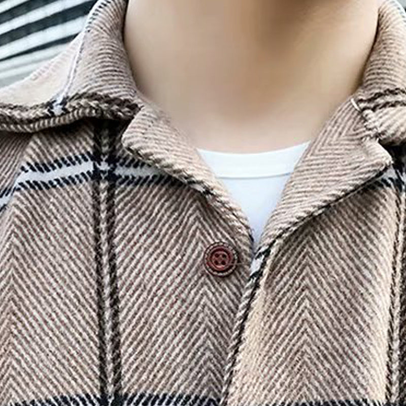 Fashion All-Match Retro Male Woolen Plaid Trench Coat